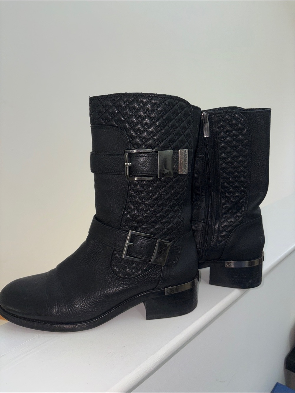 Vince Camuto Black Quilted Leather Buckle Mid-Calf Boots